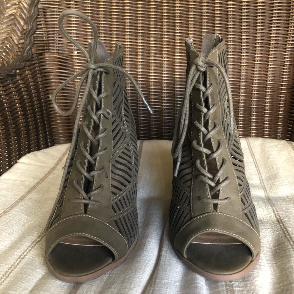 Taupe Open-Toe Lace-Up Heel Booties